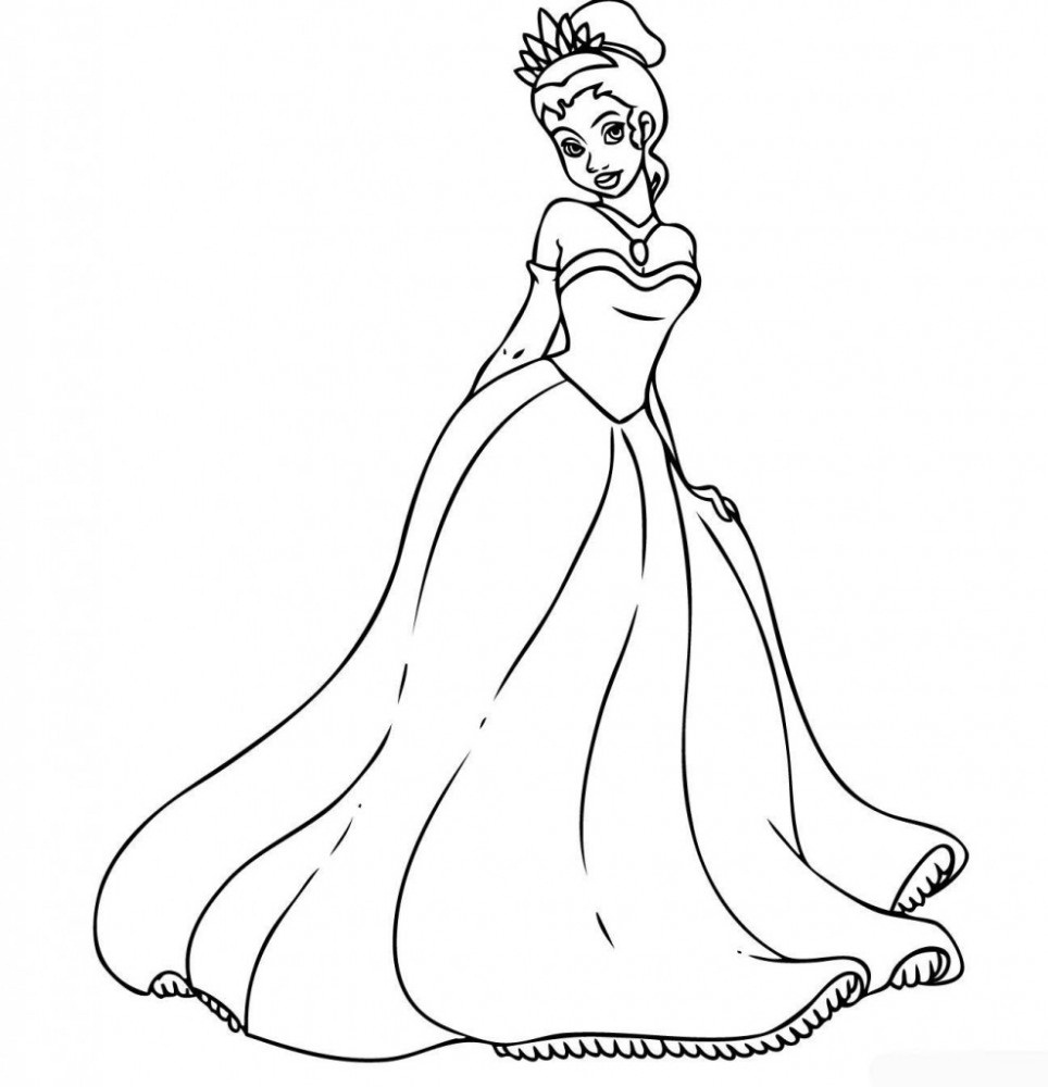 Tranh tô màu công chúa đơn giản cho bé với chiếc đầm đẹp